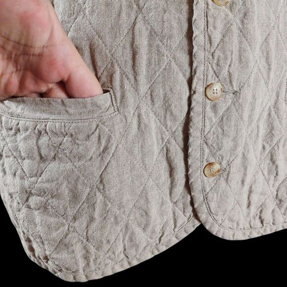 Vtg Adirondack L Quilted Linen Vest Tan Neutral Outdoorsy Fall Cottagecore Layer - Picture 6 of 8